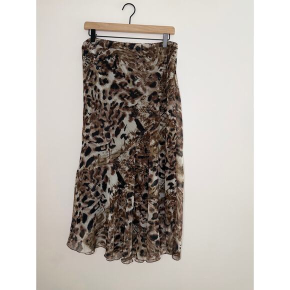 VTG Y2K Metro Wear Womens Animal Print Flowy Ruffle Boho Brown Midi Skirt Large - Picture 1 of 8
